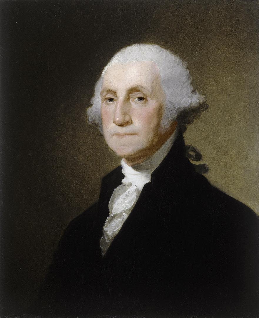 This image provided by The National Gallery of Art via Art Everywhere shows Gilbert Stuart's c. 1821 oil painting "George Washington." Five museums say they are organizing the largest outdoor art show to showcase American art nationwide this summer. Beginning Monday, April 7, 2014, curators are asking the public to vote online to choose which artwork will be featured on 50,000 displays for the “Art Everywhere” initiative in August. Members of the Outdoor Advertising Association of America are donating the space. (AP Photo/National Gallery of Art)