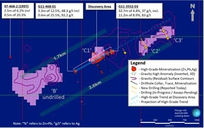 Exhibit 1. Plan Map of New Holes from 2024 Program vs. Gravity-High Anomalies at Ballywire (CNW Group/Group Eleven Resources Corp.)