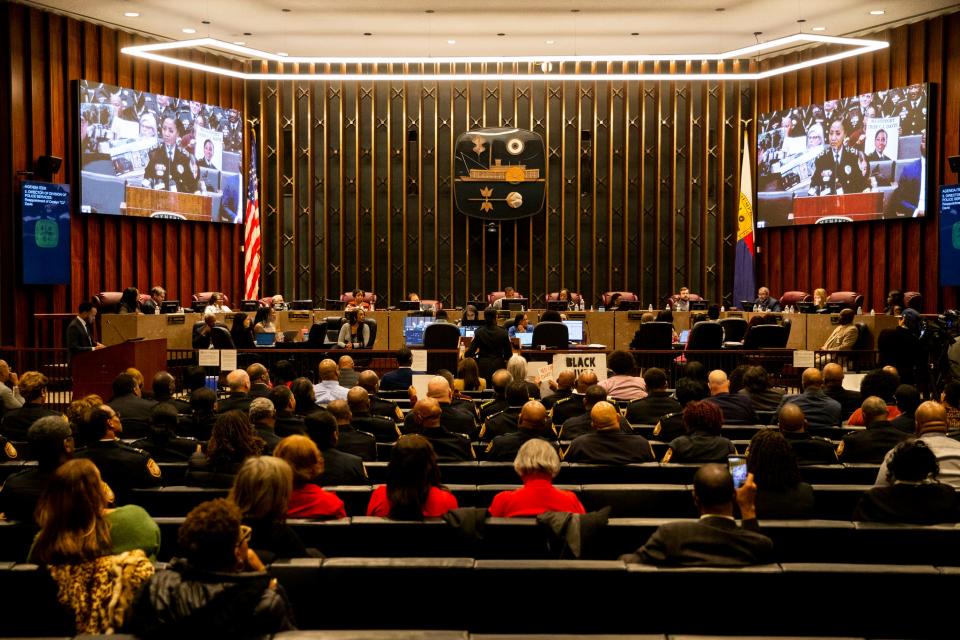 Memphis Police Chief Cerelyn “C.J.” Davis stands before city council during her reappointment proceedings in the city council committee meeting at city hall in Memphis, Tenn., on Tuesday, January 9, 2024.