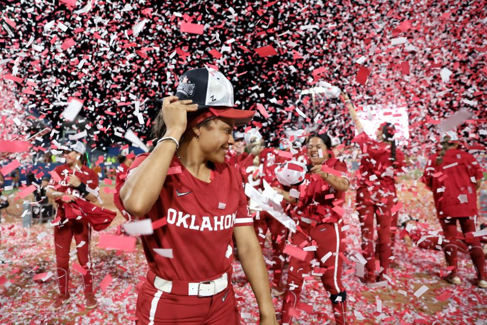 Oklahoma's Rylie Boone (0) celebrates after the Big 12 softball tournament championship game between the University of Oklahoma Sooners (OU) and Texas Longhorns at Devon Park in Oklahoma City, Saturday, May 11, 2024. Oklahoma won 5-1.