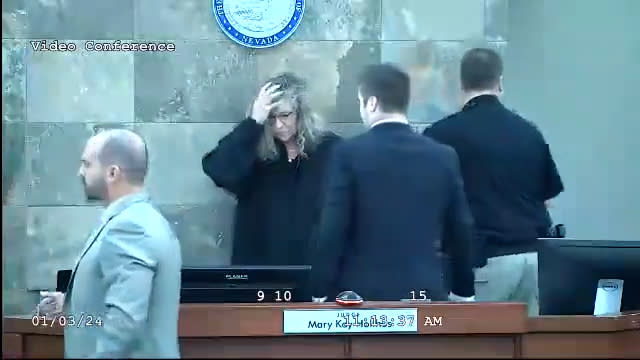 <em>Judge Mary Kay Holthus rubs her head after she stands up after a courtroom attack on Jan. 3, 2024. (KLAS)</em>