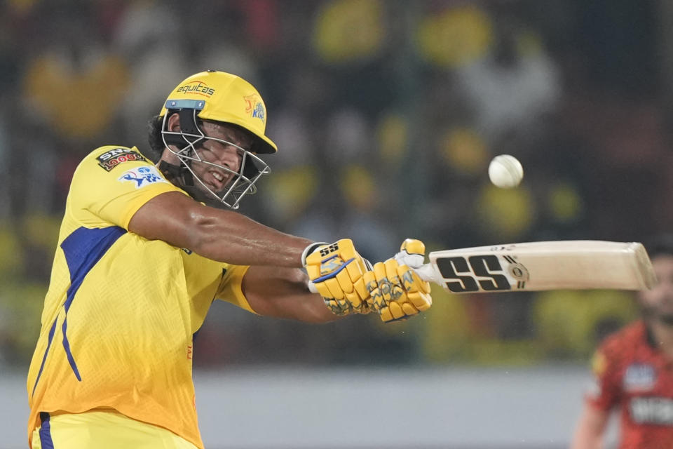 Chennai Super Kings' Shivam Dube plays a shot during the Indian Premier League cricket match between Sunrisers Hyderabad and Chennai Super Kings in Hyderabad, India, Friday, April 5, 2024. (AP Photo/Mahesh Kumar A.)