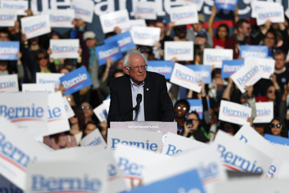 Democratic presidential candidate Sen. Bernie Sanders, I-Vt., speaks during a rally in Warren, Mich., Saturday, April 13, 2019. (AP Photo/Paul Sancya)