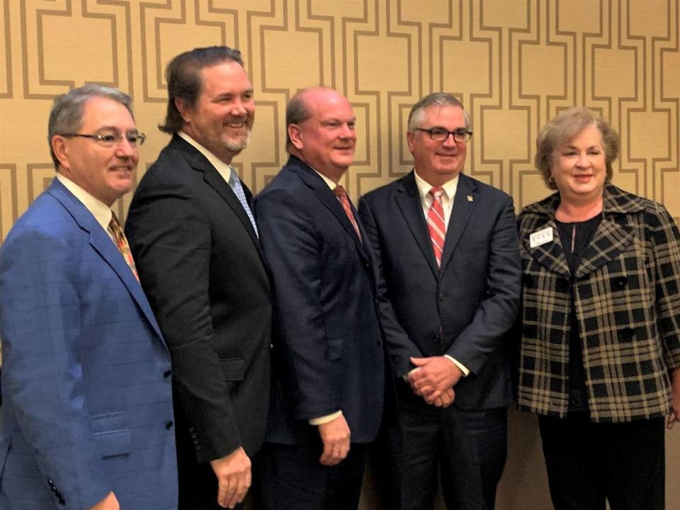 Speaking at the Pre-Legislative Session Tuesday in Biloxi are, from left, Rep, Hank Zuber, Sen. Scott DeLano, Sen. Brice Wiggins, Sen. Mike Thompson and Adele Lyons director of the Mississippi Coast Chamber.