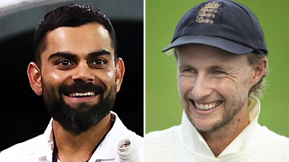 Virat Kohli helped Joe Root stretch out cramps after the England captain batted his way to a century in the first Test between the two nations. Pictures: Getty Images