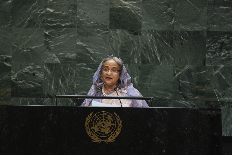 Bangladesh's Prime Minister Sheikh Hasina addresses the 74th session of the United Nations General Assembly at the U.N. headquarters, Friday, Sept. 27, 2019. (AP Photo/Kevin Hagen)