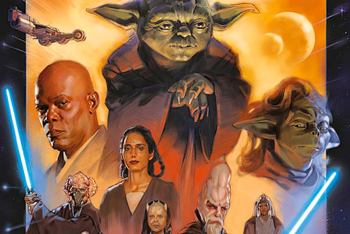  Illustrations from a book cover, showing six star wars characters against a yellow-sky backdrop. 