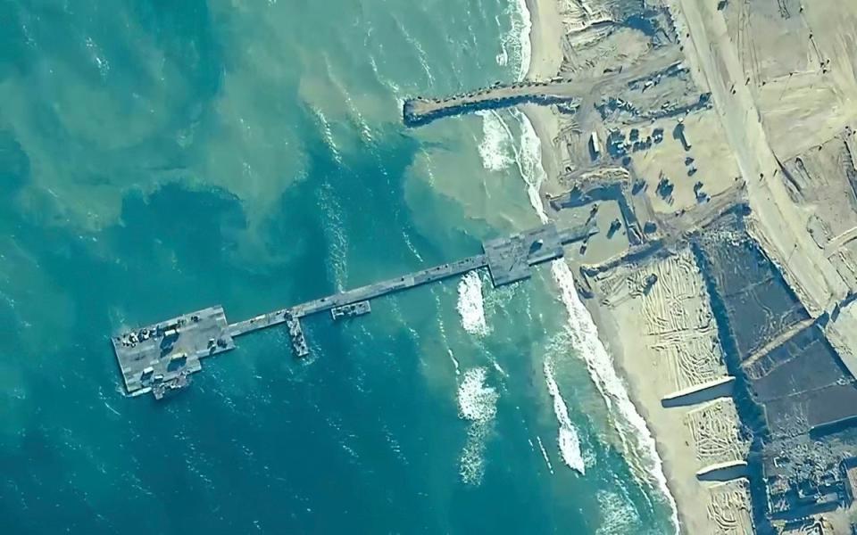 The image provided by U.S. Central Command shows the Trident Pier on the coast of Gaza Strip on May 16, 2024, before it was damaged (AP)