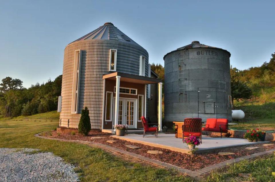 This converted grain bin in Missouri Valley sits on 20 acres in the Loess Hills with a view of the Missouri River.