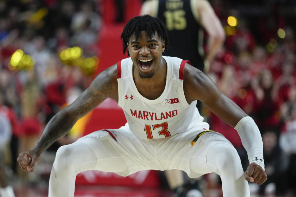 Maryland guard Hakim Hart reacts after a basket against Purdue during the second half of an NCAA college basketball game, Thursday, Feb. 16, 2023, in College Park, Md. Maryland won 68-54. (AP Photo/Julio Cortez)