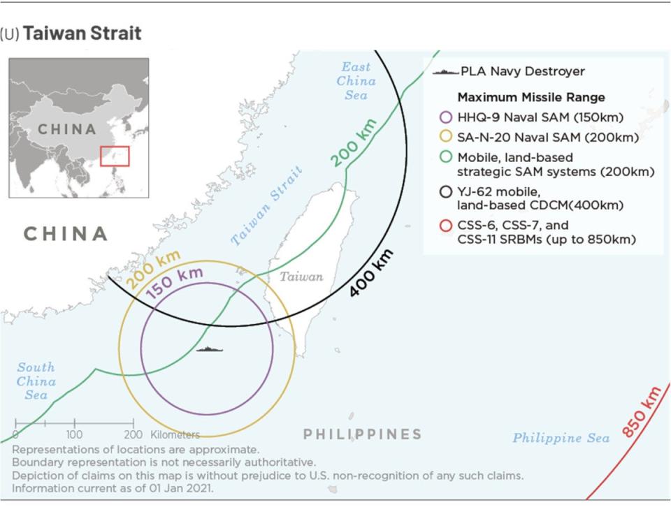 An annotated map Defense Intelligence Agency showing the relative ranges of various Chinese surface-to-surface, as well as surface-to-air missile systems, in the context of the Taiwan Strait. <em>DOD</em>