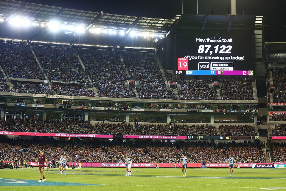 MELBOURNE, AUSTRALIA - JUNE 06: The crowd total is shown on screen during game one of the State Of Origin series between the Queensland Maroons and the New South Wales Blues at the Melbourne Cricket Ground on June 6, 2018 in Melbourne, Australia.  (Photo by Michael Dodge/Getty Images)