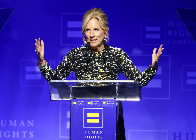 First Lady Dr. Jill Biden speaks onstage during a Human Rights Campaign dinner in Los Angeles on March 23.