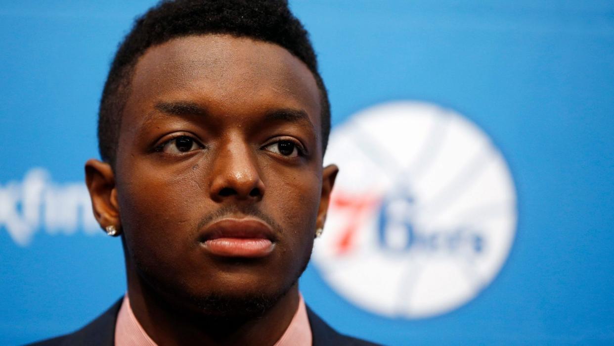 Mandatory Credit: Photo by Matt Slocum/AP/Shutterstock (6118779b)Jerami Grant Newly-drafted Philadelphia 76ers' Jerami Grant listens to a question during a basketball news conference at the team's practice facility, in Philadelphia76ers Basketball, Philadelphia, USA.