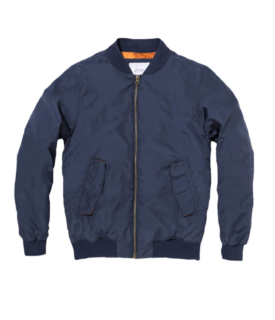 <p>Christo bomber jacket in navy, $295, <a href="https://www.saturdaysnyc.com/item/christo-bomber-jacket-navy" rel="nofollow noopener" target="_blank" data-ylk="slk:saturdaysnyc.com;elm:context_link;itc:0;sec:content-canvas" class="link ">saturdaysnyc.com</a></p>