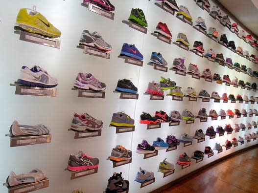 Rows of sneakers at a shoes store in Peru.