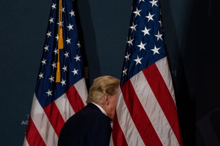 WASHINGTON, DC - JULY 26: Former President Donald Trump departs after speaking at the American First Policy Institute's America First Policy Institute's America First Agenda summit at the Marriott Marquis on Tuesday, July 26, 2022 in Washington, DC.The non-profit think tank was formed last year by former cabinet members and top officials in the Trump administration to create platforms based on his policies. (Kent Nishimura / Los Angeles Times)