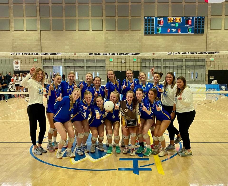 The Ripon Christian High School volleyball team beat Redwood High of Visalia for the CIF Division III state title, 26-24, 25-19, 25-15. The Knights are back-to-back state champions.