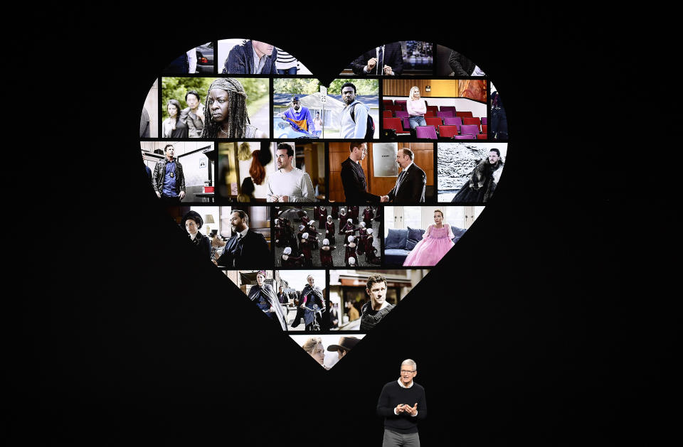 Tim Cook, chief executive officer of Apple Inc., speaks during an event at the Steve Jobs Theater in Cupertino, California, U.S., on Monday, March 25, 2019. The company is unveiling streaming video and news subscriptions, key parts of Apple's push to transform itself into a leading digital services provider. Photographer: David Paul Morris/Bloomberg via Getty Images