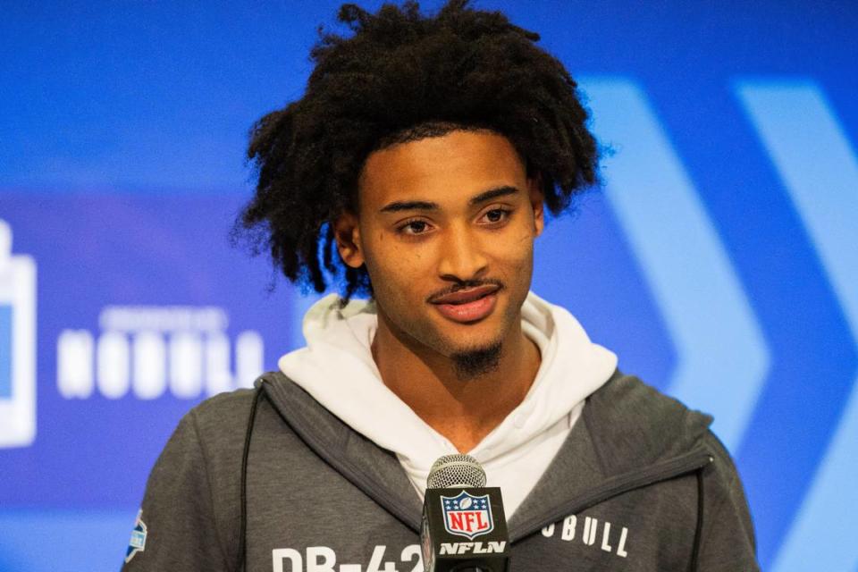 Clemson defensive back Nate Wiggins talks to the media during the 2024 NFL Combine at Lucas Oil Stadium in Indianapolis.