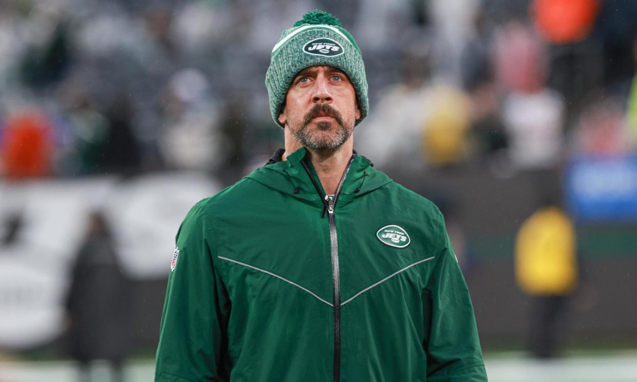 <span>Aaron Rodgers is known for promoting conspiracy theories. </span><span>Photograph: Vincent Carchietta/USA Today Sports</span>