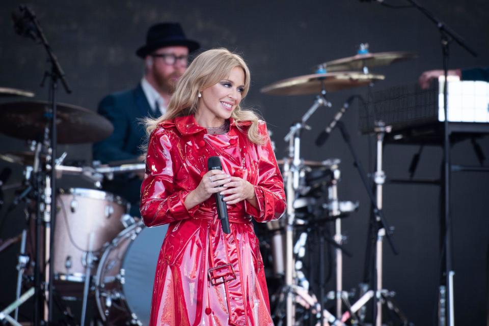 Kylie Minogue performs live on the Pyramid Stage at Worthy Farm, Pilton, Somerset.