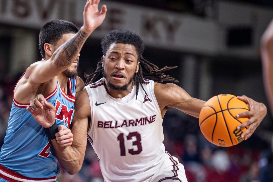 Bellarmine senior guard Dylan Penn (13) scored the most points by a player for the home team at Louisville's Freedom Hall in 53 years when he had 38 points on Tuesday in a victory over Central Arkansas.