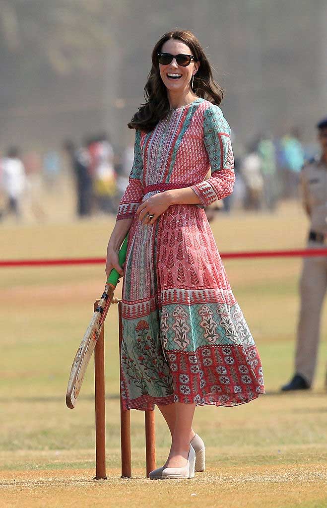 Kate Middleton, Duchess of Cambridge plays cricket during a visit to meet children from Magic Bus, Childline and Doorstep, three non-governmental organizations, at Mumbai's iconic recreation ground, the Oval Maidan, during the royal visit to India and Bhutan on April 10, 2016 in Mumbai, India.