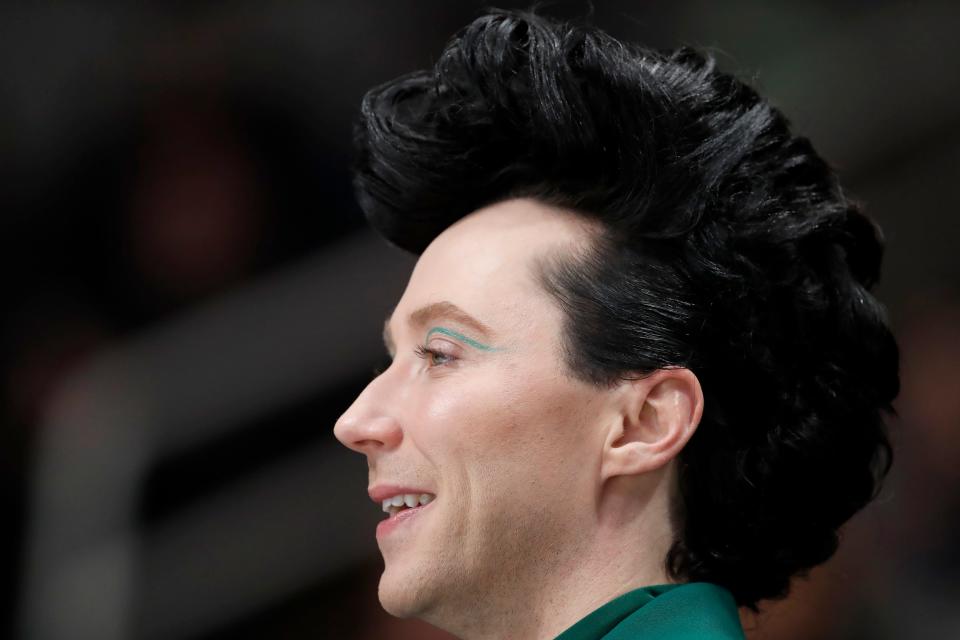 Former Olympic figure skater Johnny Weir is shown during the women's free skate at the U.S. figure skating championships in San Jose, Calif., Friday, Jan. 27, 2023.