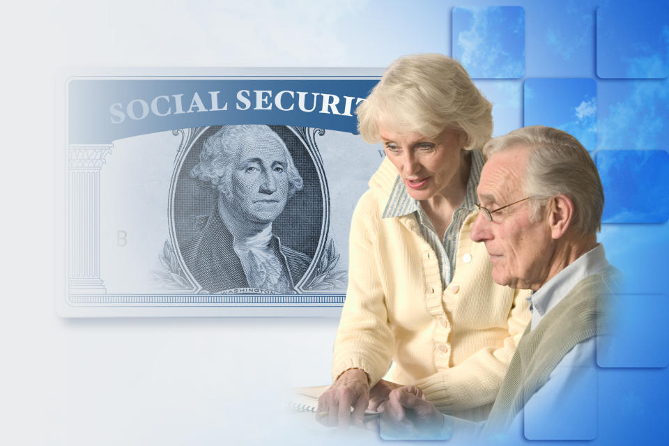 Two people in front of an image of a Social Security card surrounding a $1 bill.