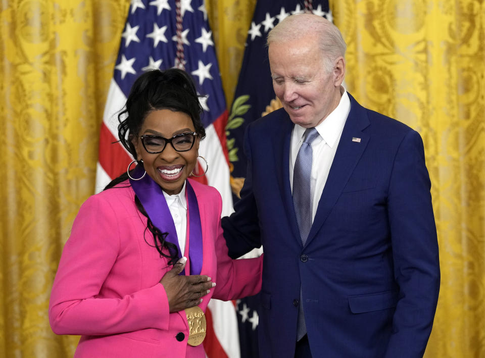 FILE - President Joe Biden presents the 2021 National Medal of the Arts to Gladys Knight at White House in Washington, Tuesday, March 21, 2023.Every June since the 1970s, across the United States, musicians, fans and industry professionals celebrate Black Music Month. (AP Photo/Susan Walsh, File)