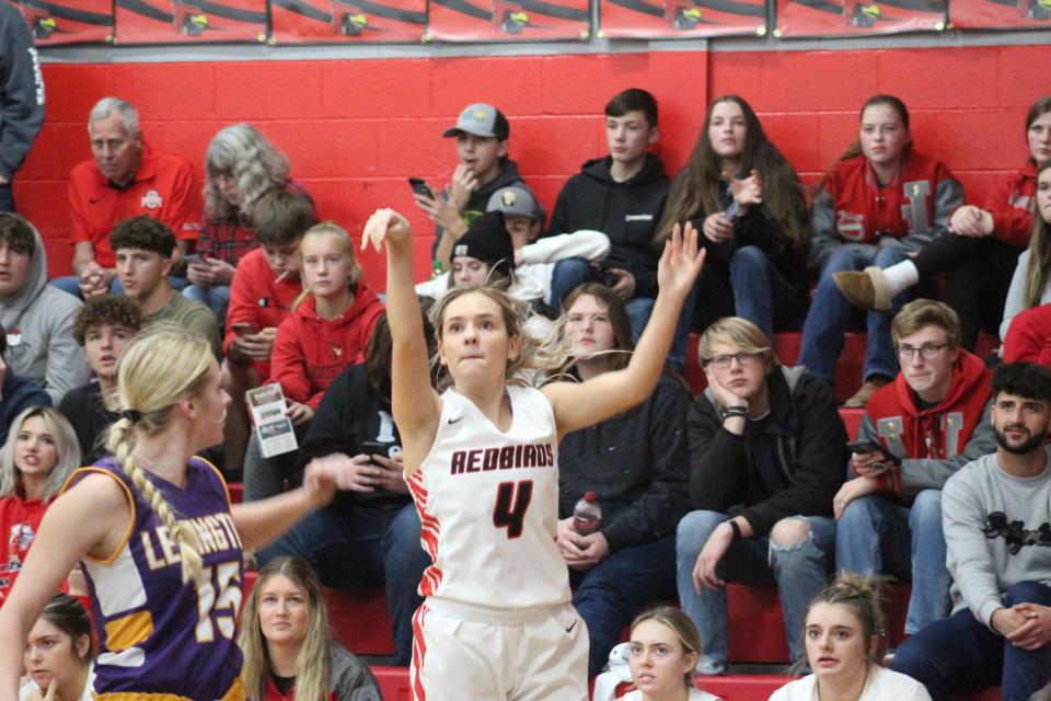 Loudonville's Jena Guilliams launching a corner three-pointer.