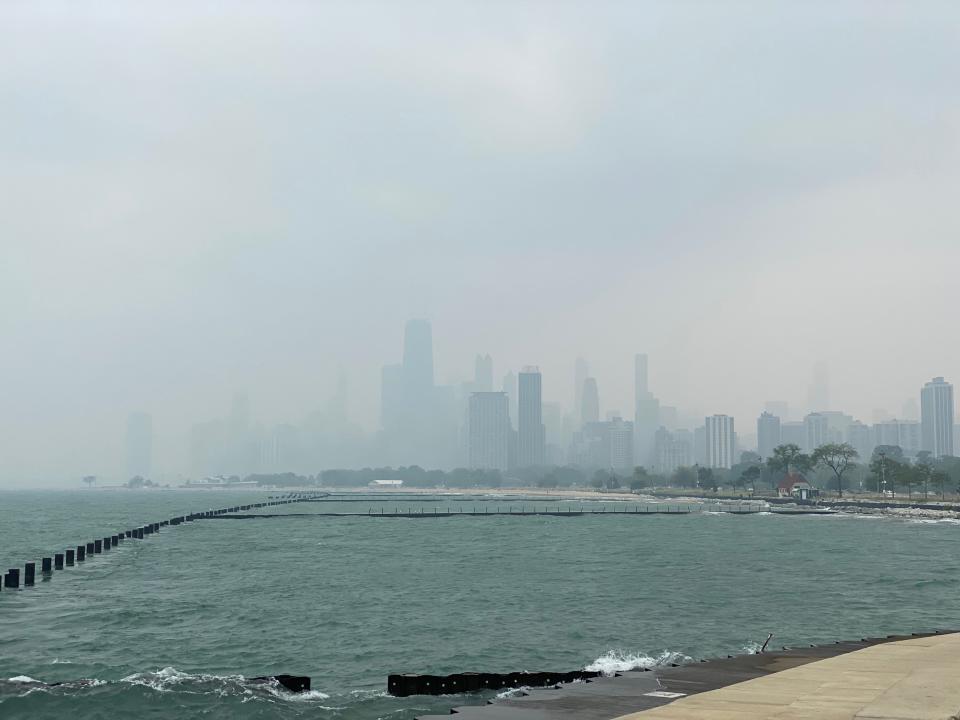 Chicago’s skyline viewed from the North Side is obscured by smoke on Tuesday, June 27, 2023.