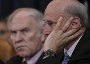 Rep. Louie Gohmert, R-Texas, joined at left by Rep. Steve Chabot, R-Ohio, listens to testimony from legal scholars during a House Judiciary Committee hearing on the constitutional grounds for the impeachment of President Donald Trump, on Capitol Hill in Washington, Wednesday, Dec. 4, 2019. (AP Photo/J. Scott Applewhite)