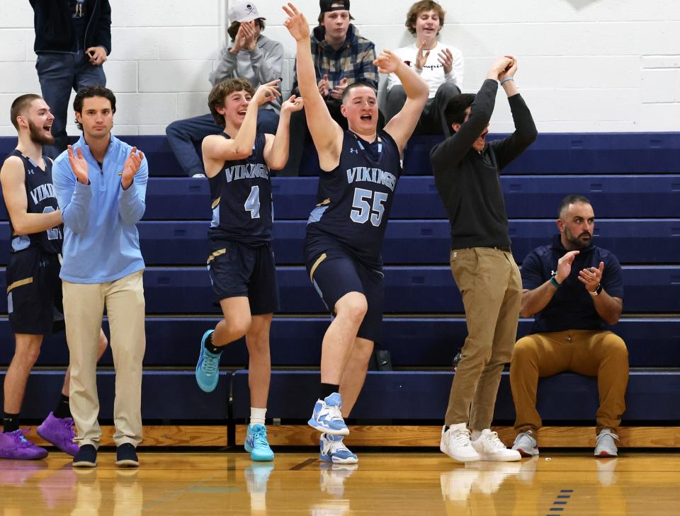 East Bridgewater players celebrate a basket during a game versus Rockland on Tuesday, Jan. 17, 2023.