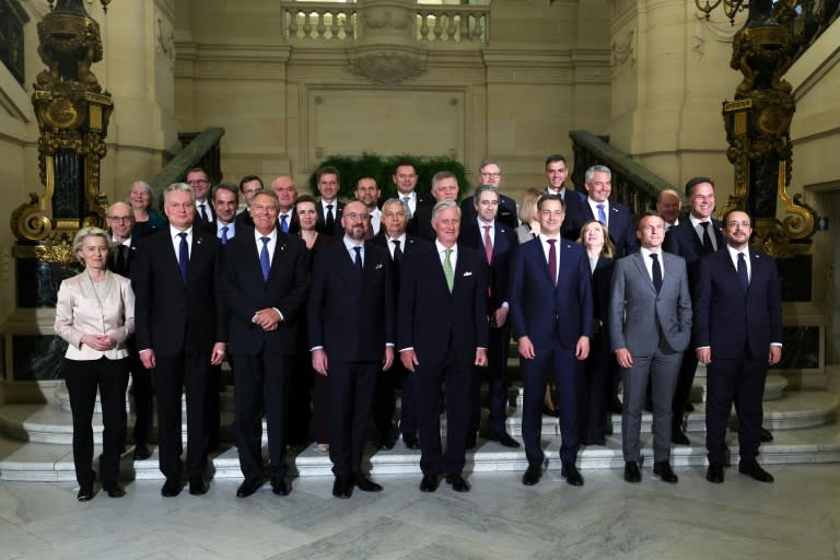 EU leaders line up at the summit in Brussels for a traditional photograph (Olivier HOSLET)