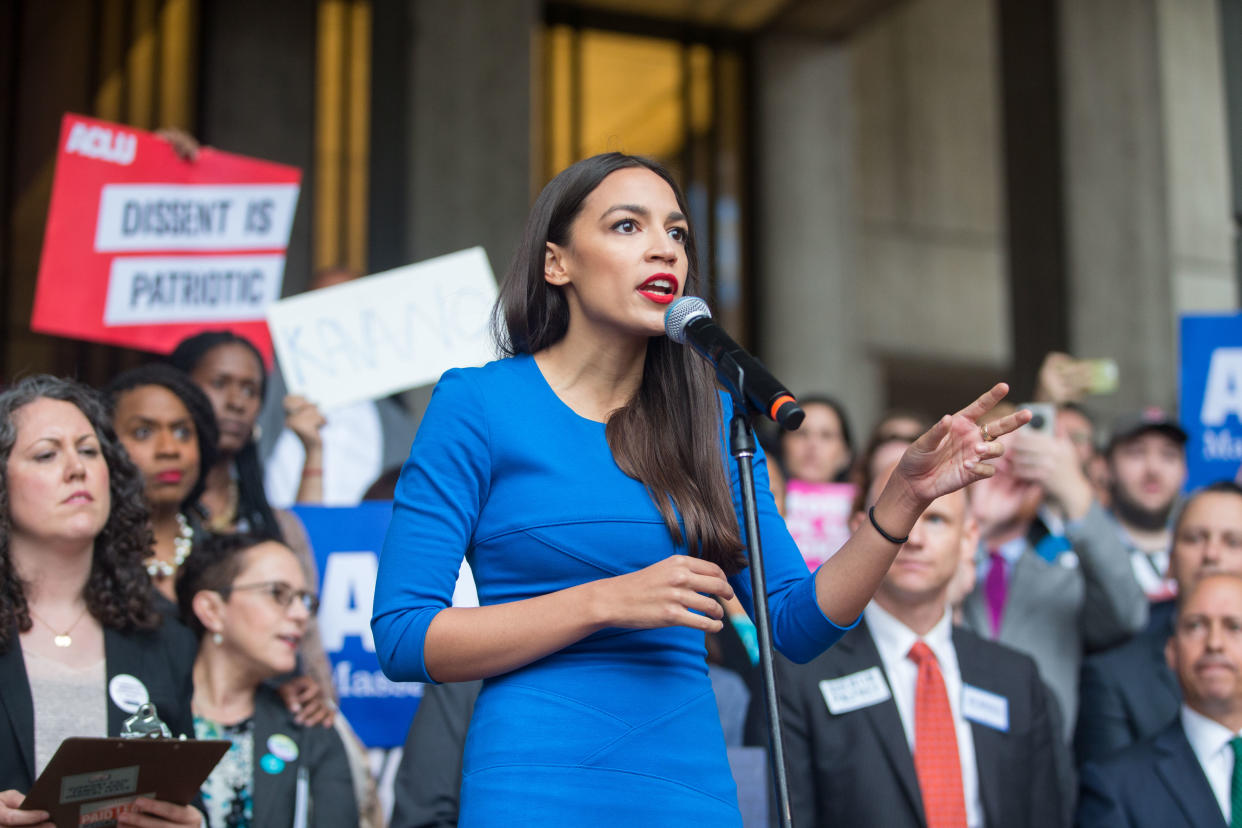 Alexandria Ocasio-Cortez speaks at a rally calling on Sen. Jeff Flake to reject Judge Brett Kavanaugh’s nomination to the Supreme Court. (Photo: Scott Eisen/Getty Images)