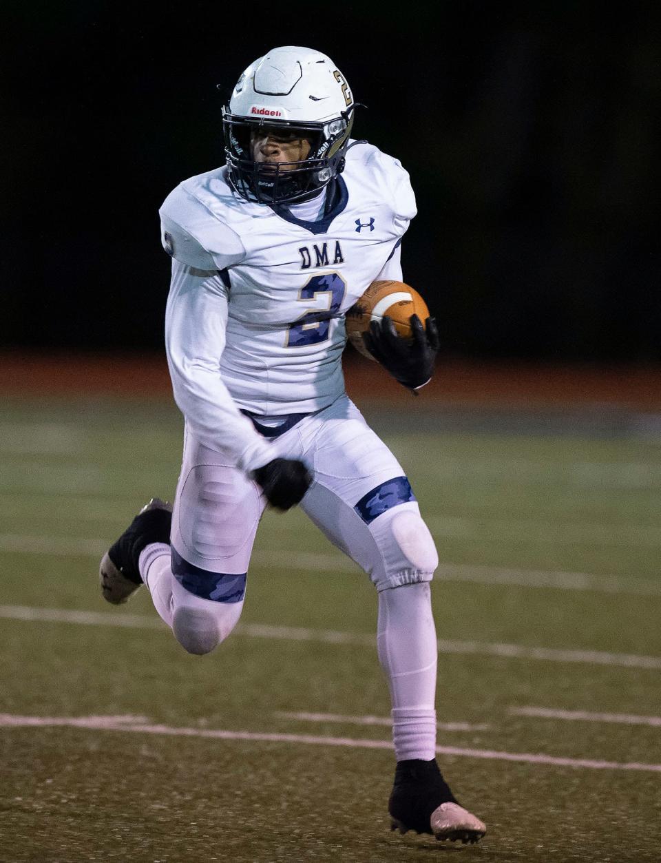 Delaware Military Academy's Brian Alleyne (2) runs towards the sidelines looking for an opening  against Lake Forest High School in the opening round of the DIAA state tournament, Friday, Nov. 18, 2022.