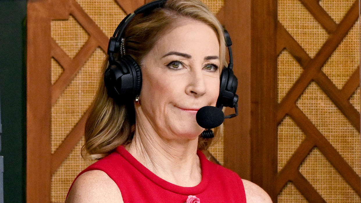 Seen here, Chris Evert wears a headset as she performs tennis commentary duties.