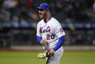 New York Mets first baseman Pete Alonso reacts after the third out against the Arizona Diamondbacks in the seventh inning of a baseball game Saturday, May 8, 2021, in New York. (AP Photo/Noah K. Murray)