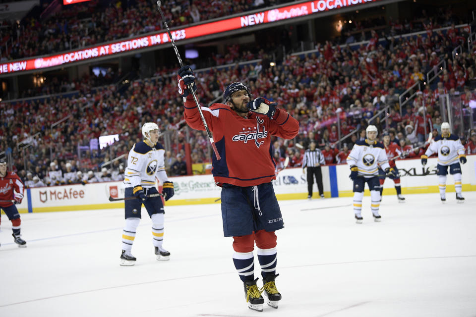 Washington Capitals left wing Alex Ovechkin (8), of Russia, celebrates his goal during the second period of an NHL hockey game against the Buffalo Sabres, Saturday, Dec. 15, 2018, in Washington. (AP Photo/Nick Wass)