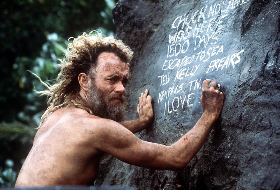 Tom Hanks plays a man stranded on an island for years after a plane crash in "Cast Away."