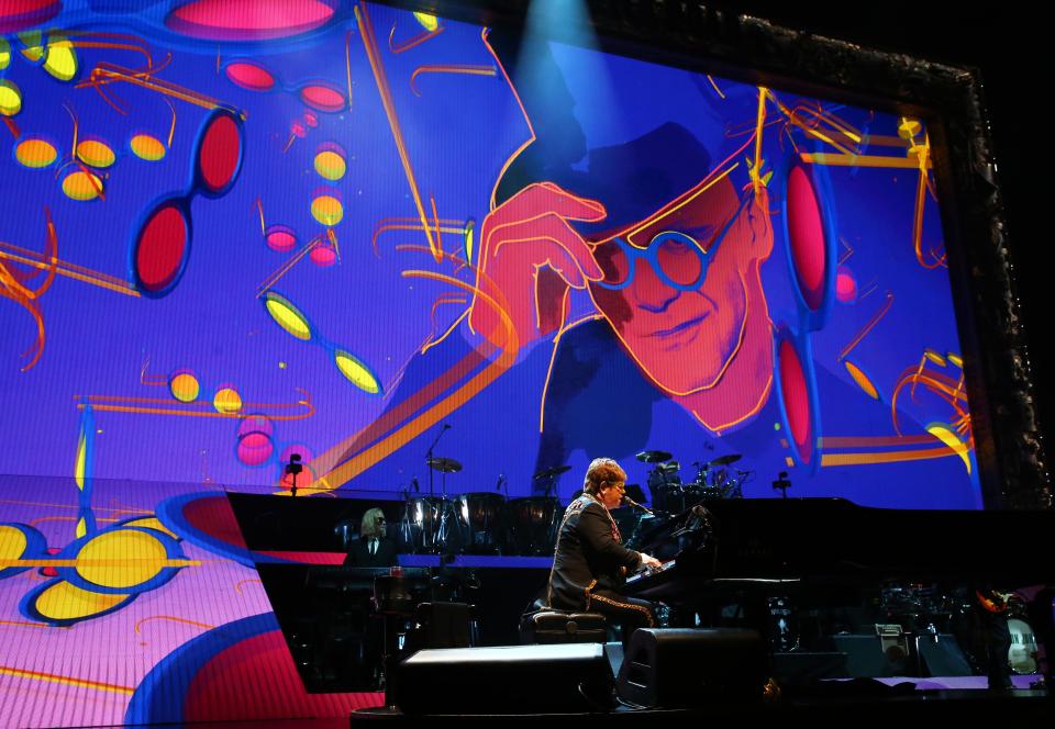 Elton John performs during his "Farewell Yellow Brick Road Tour" at Gila River Arena on Jan. 26, 2019 in Glendale, Arizona.