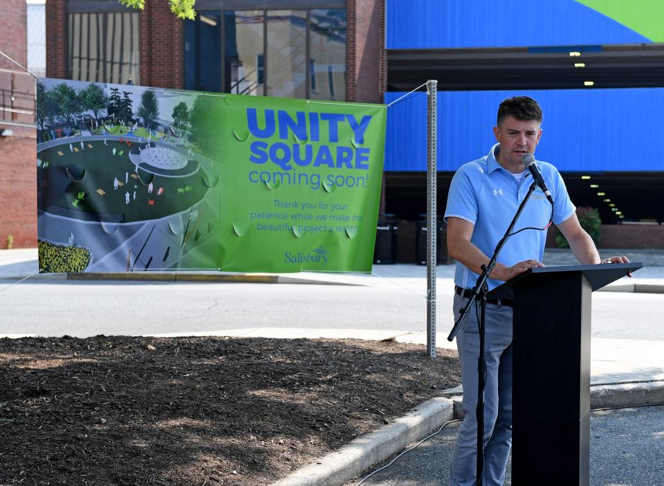 Andy Kitzrow, deputy city administrator, speaks at the groundbreaking for Unity Square Friday, June 9, 2023, downtown in parking lot 1 in Salisbury, Maryland.