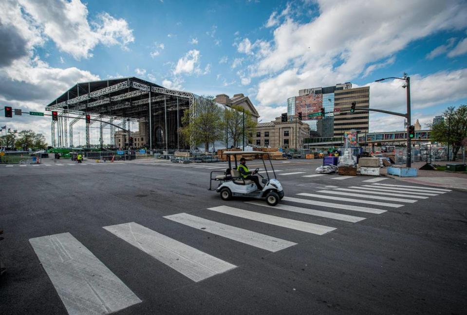 Portions of Pershing Road and Main Street are closed to make room for the crowds expected for the NFL Draft at Union Station.