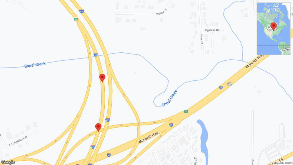 A detailed map that shows the affected road due to 'Crash reported on southbound I-435 in Kansas City' on December 15th at 7:57 p.m.