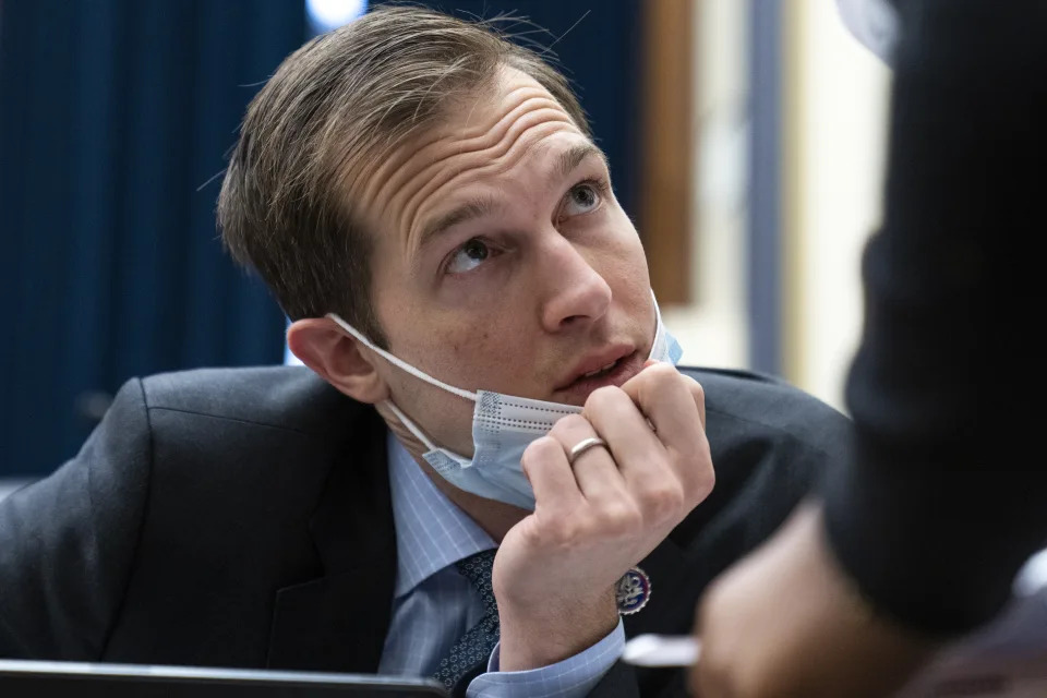 Rep. Jake Auchincloss attends a House Financial Services Committee hearing on December 8, 2021. He supports tight regulation of Congress stock trading. (Photo By Tom Williams/CQ-Roll Call, Inc via Getty Images)