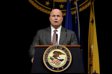 FILE PHOTO: Acting Attorney General Matthew Whitaker speaks at the Annual Veterans Appreciation Day Ceremony at the Justice Department in Washington, U.S., November 15, 2018. REUTERS/Yuri Gripas/File Photo