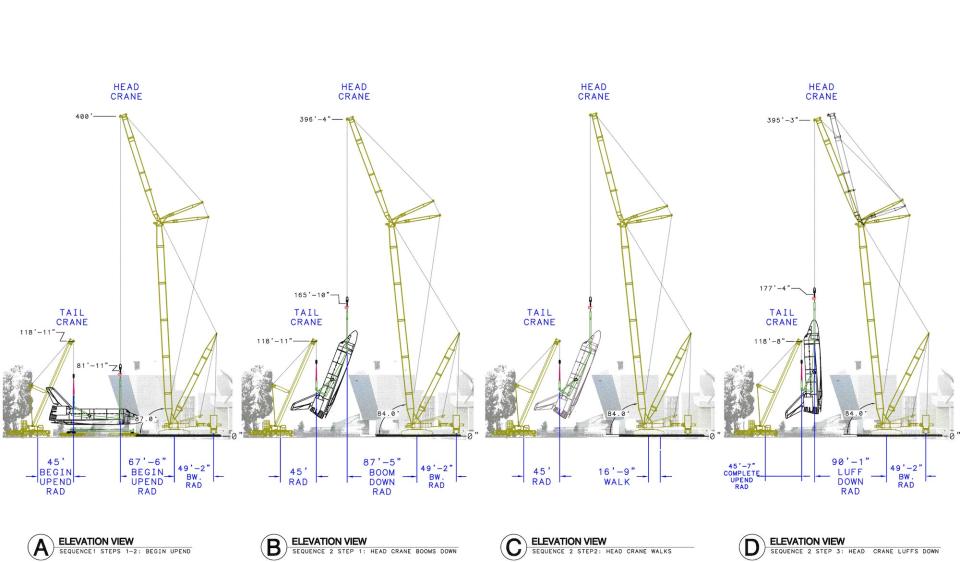 These schematics envision how the orbiter will be lifted with two cranes.