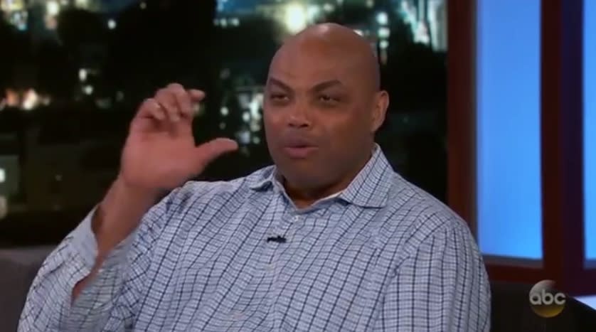 Charles Barkley mimes drinking shots while talking to Jimmy Kimmel on “Jimmy Kimmel Live.” (ABC)
